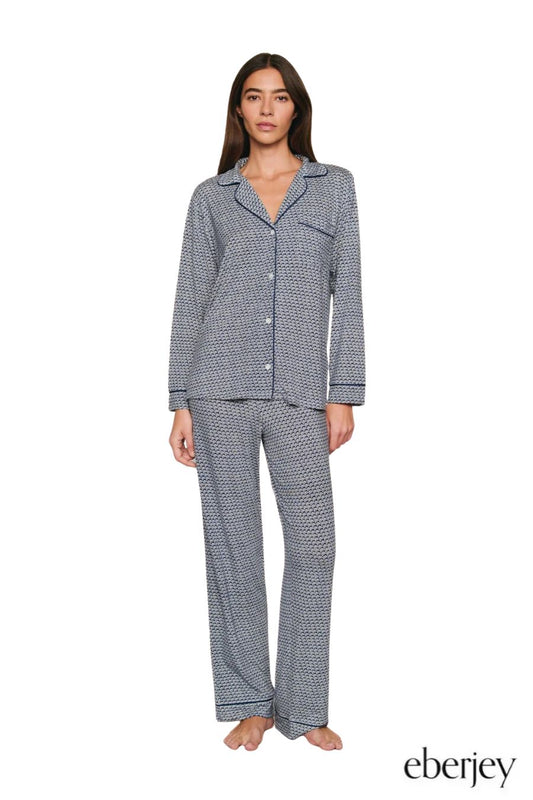 Gisele Printed Long PJ Set in Seashell Navy/Navy