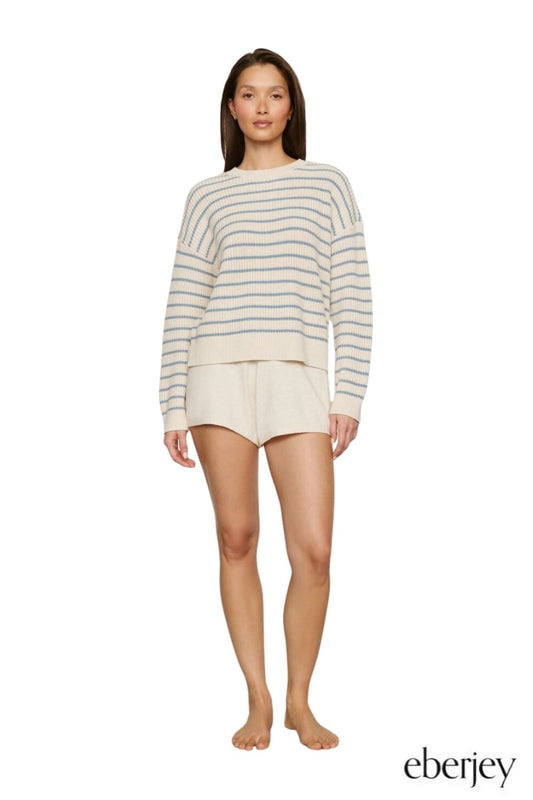 Coastal Cotton Crewneck Sweater in Stripe Almond/Faded Denim