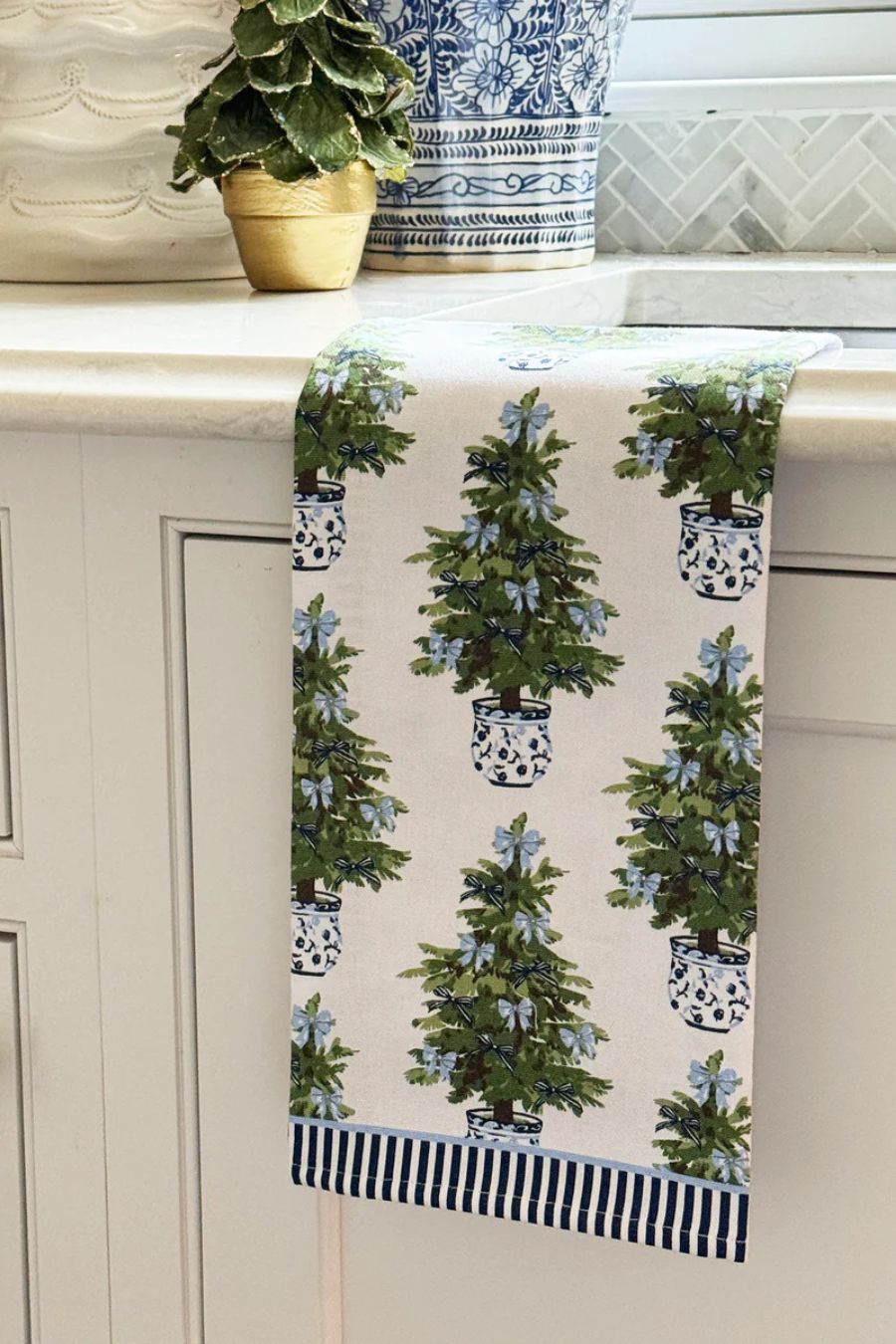 Cotton Tea Towel | Blue Bows Christmas Trees