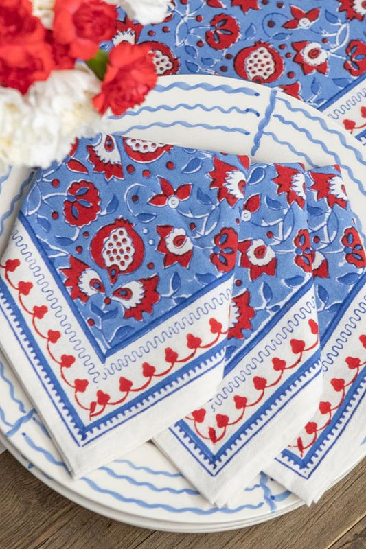 Pom Fan Flower Blue & Red Napkin | Set of 4