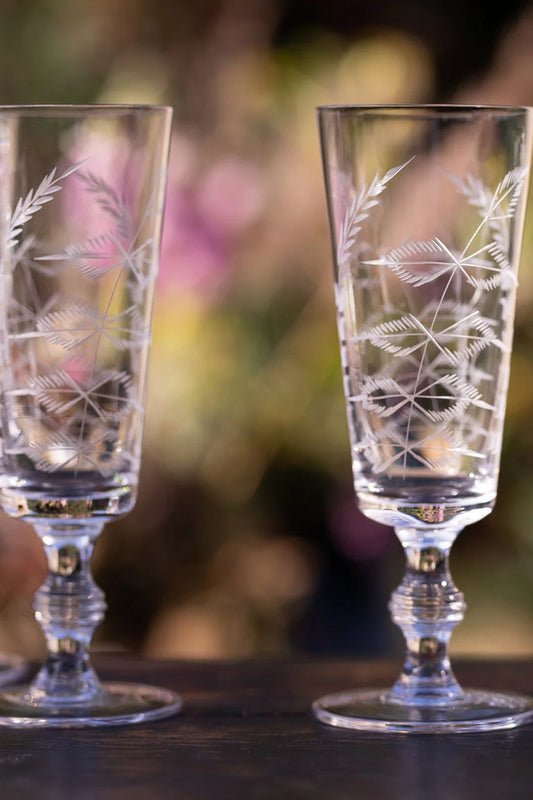 Crystal Champagne Flutes with Fern Design S/2