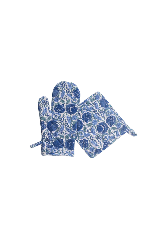 Bohemian Floral Azure Blue & Aqua Oven Mitt Set