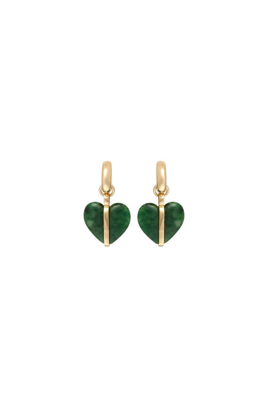 The Stone Mini Heart Earrings in Gold/Moss Agate