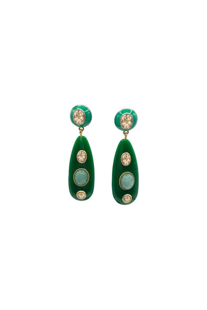 Sofia Green Resin And Enamel Pierced Earrings With Light Amethyst Crystal Stones