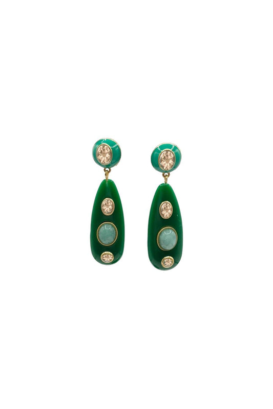 Sofia Green Resin And Enamel Pierced Earrings With Light Amethyst Crystal Stones