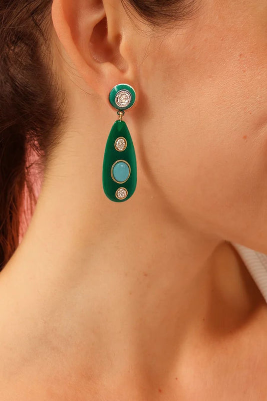 Sofia Green Resin And Enamel Pierced Earrings With Light Amethyst Crystal Stones