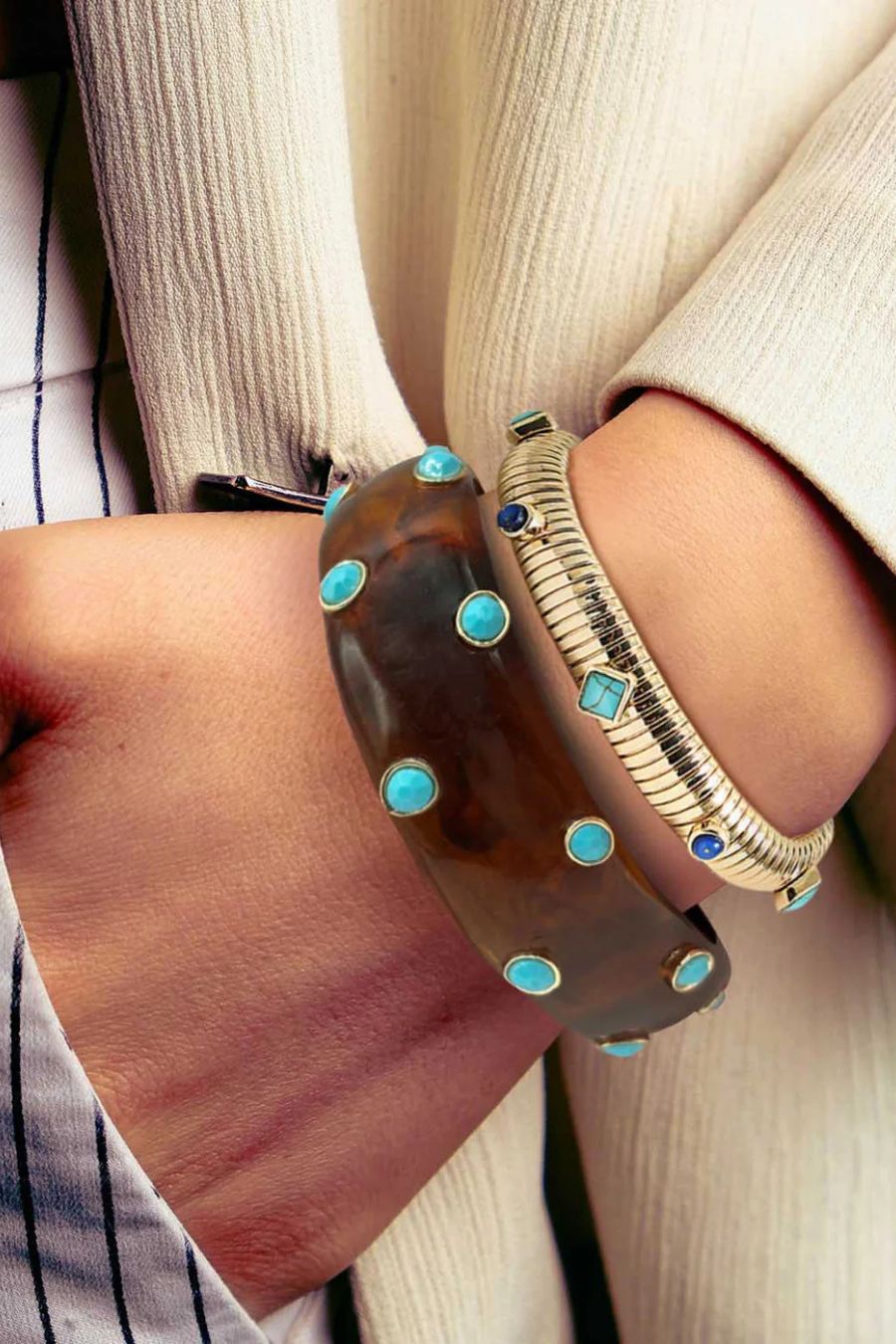 Seraphina Tortoise Resin Bangle With Turquoise Glass Stones