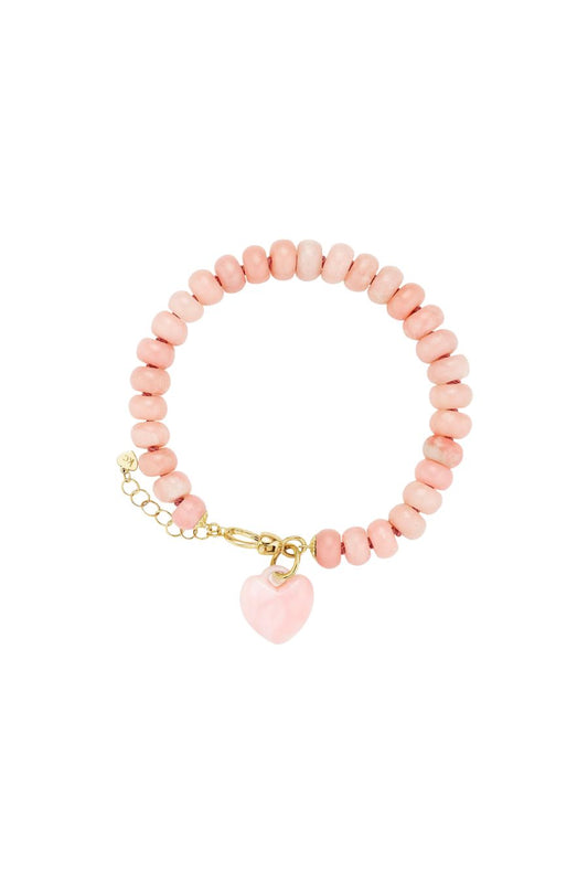 Rondelle Bead Heart Bracelet- Pink Opal