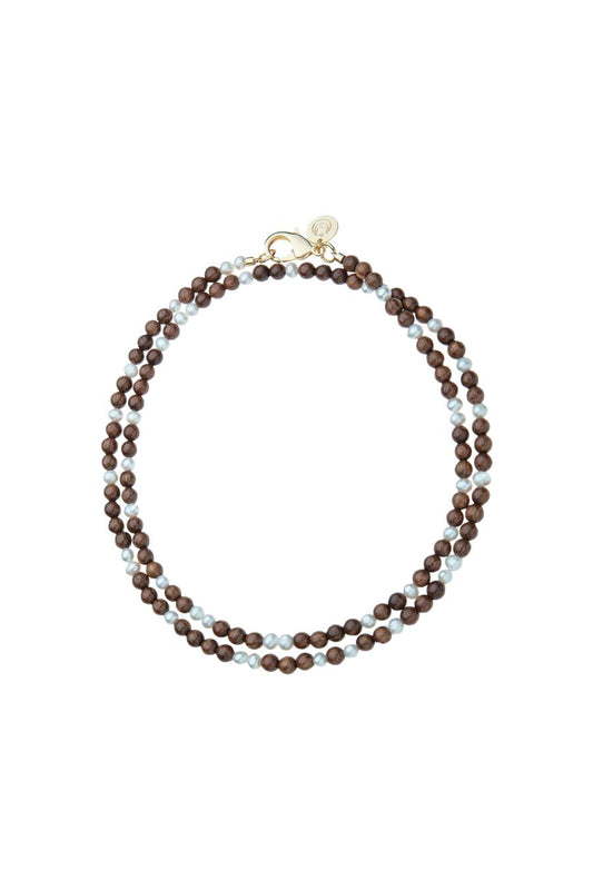 Double Wrap Wood and Pearl Necklace
