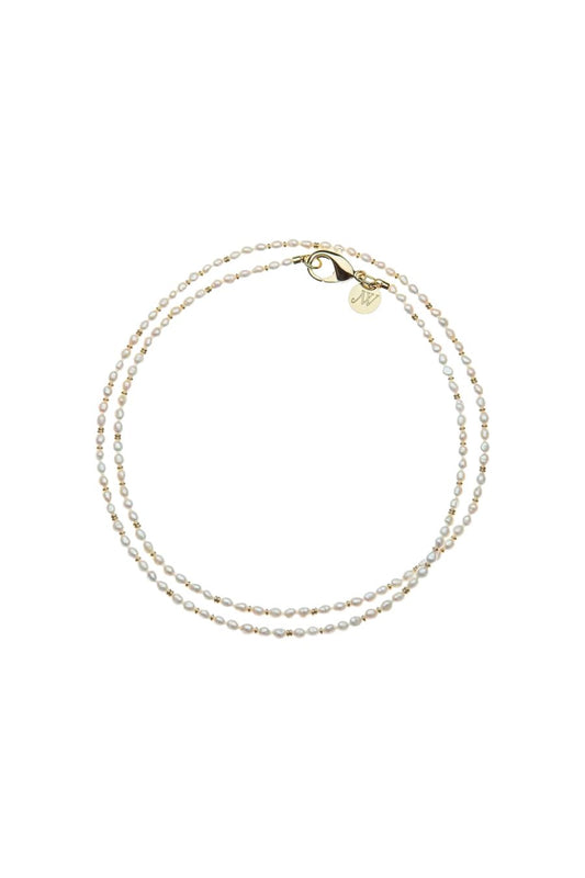 Double Wrap Rice Pearl Necklace in White/Gold Mix