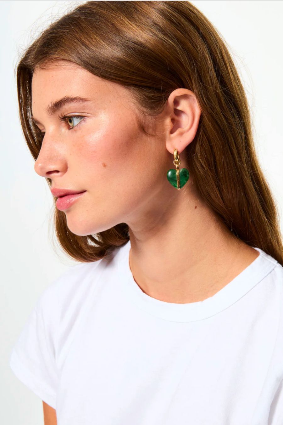 The Stone Mini Heart Earrings in Gold/Moss Agate