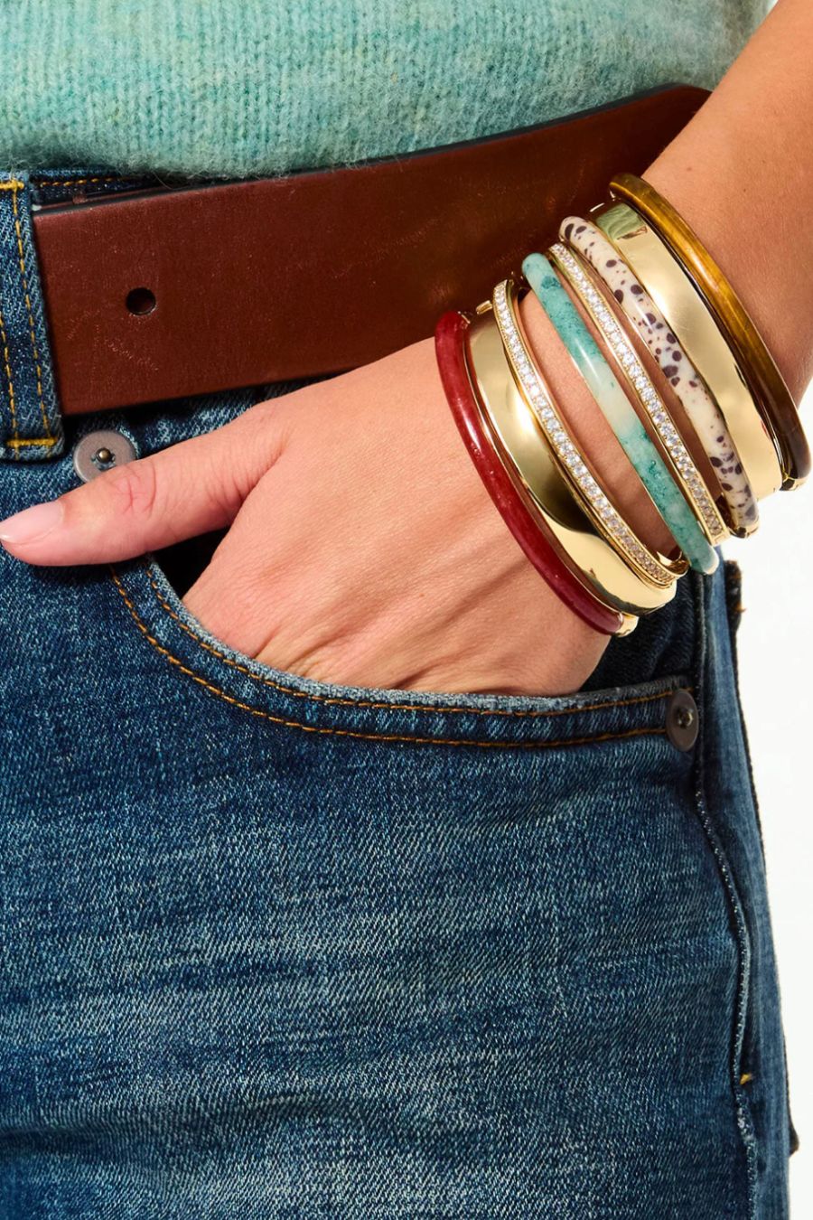 The Pave Stone Hinged Bracelet Duo in Moss/Agate