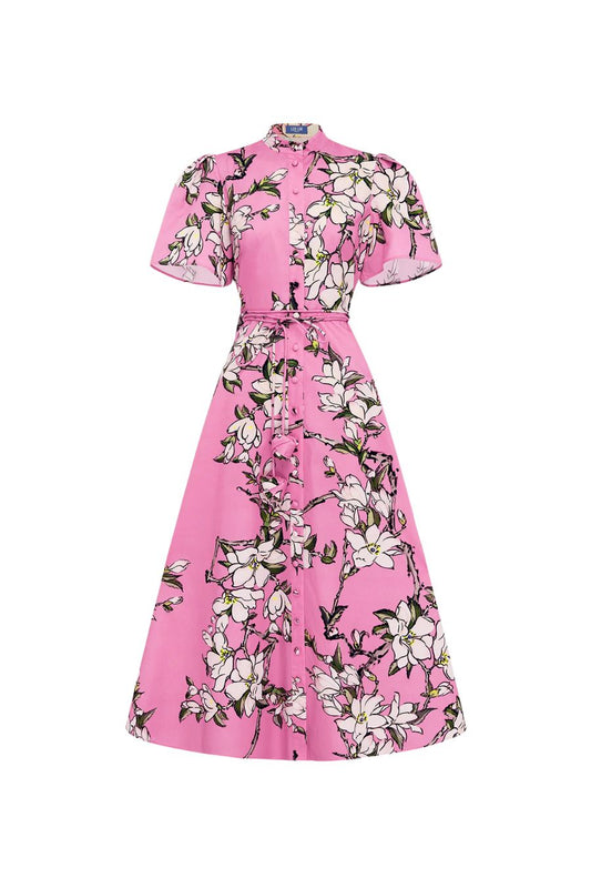 Bianca Short Sleeve Midi Dress in Pink Magenta Print