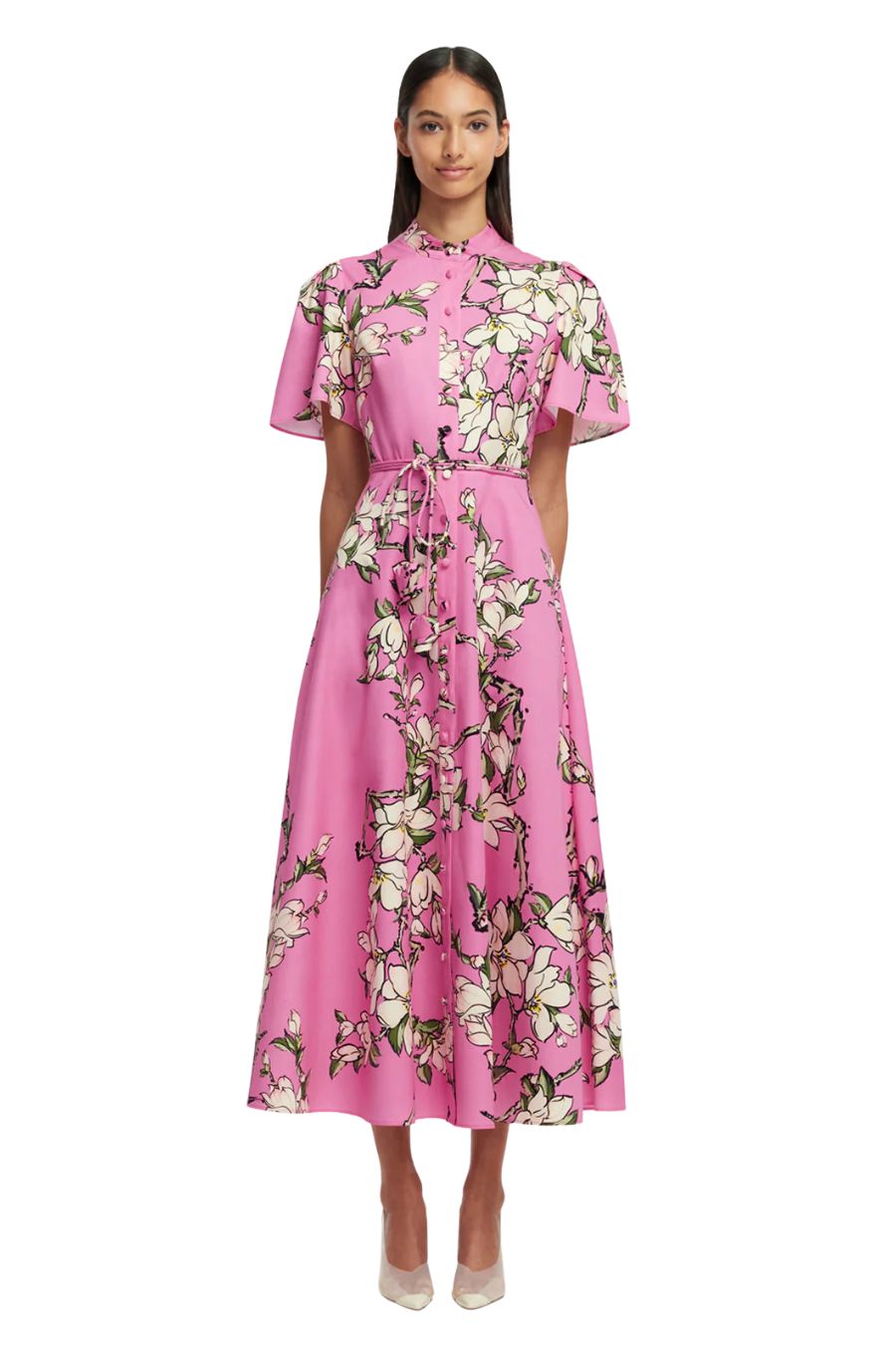 Bianca Short Sleeve Midi Dress in Pink Magenta Print