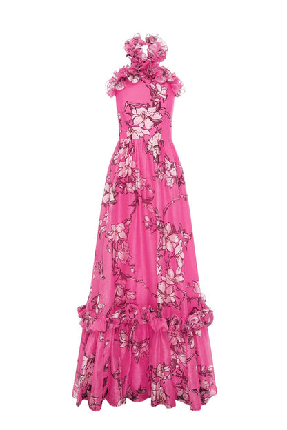 Isabelle Ruffled Halter Neck Maxi Dress in Pink Magnolia Print