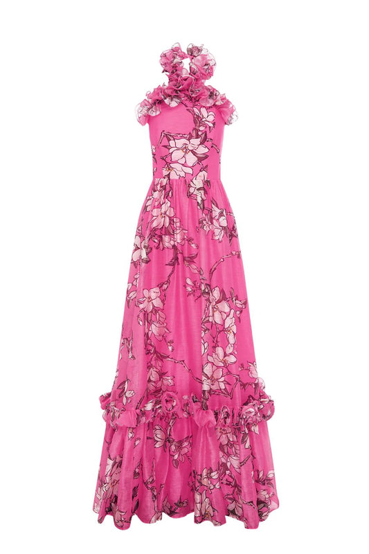 Isabelle Ruffled Halter Neck Maxi Dress in Pink Magnolia Print