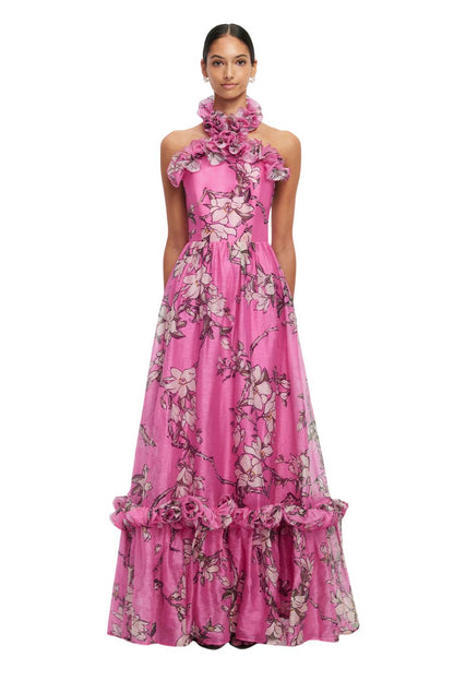 Isabelle Ruffled Halter Neck Maxi Dress in Pink Magnolia Print