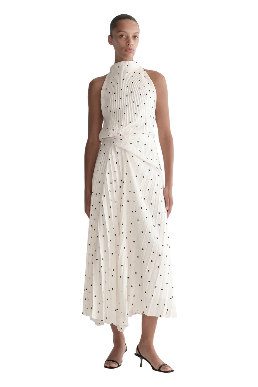 Simona Pleated Midi Dress in Cream/Black