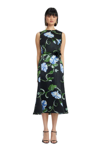 Olive Midi Dress in Vine Print in Ebony