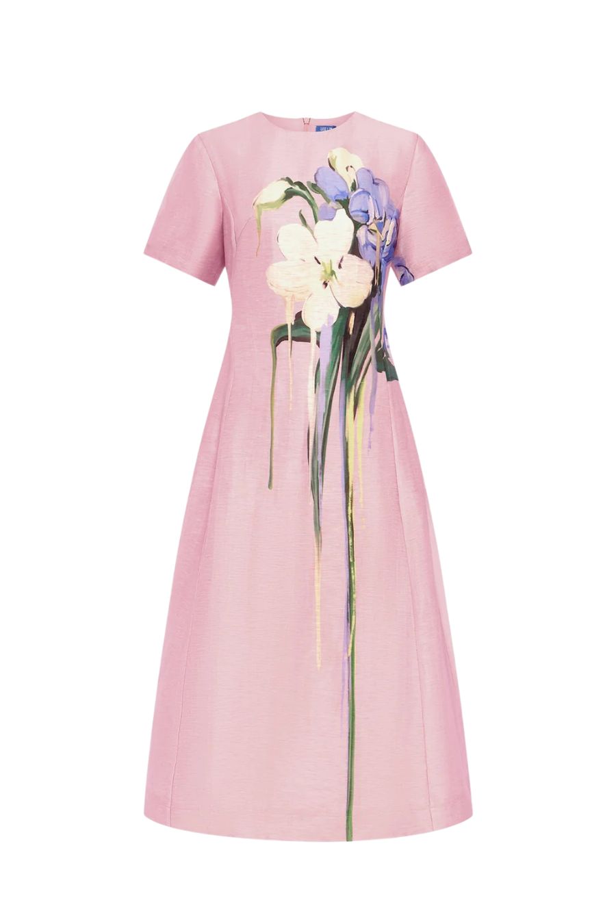 Caroline Short Sleeve Midi Dress in Bouquet Print in Pastel Pink