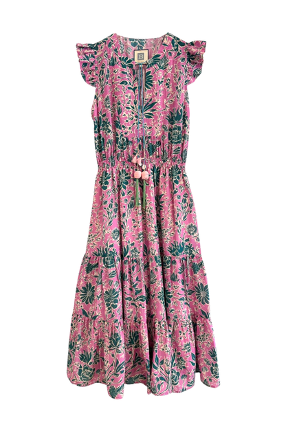 Lola Midi Dress in Green and Fuschia Floral