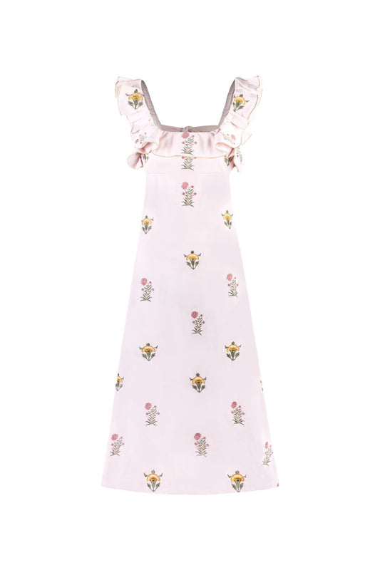 Malika Dress in Fiona Embroidered Pink/Yellow
