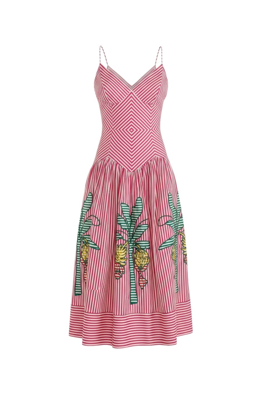 Palm Tree Stripes Cutwork Midi Dress in Pink