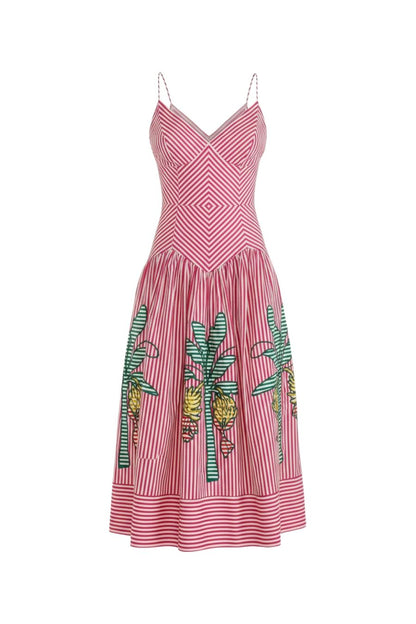 Palm Tree Stripes Cutwork Midi Dress in Pink