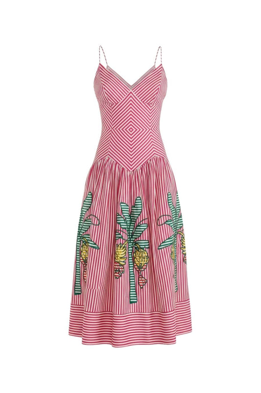 Palm Tree Stripes Cutwork Midi Dress in Pink
