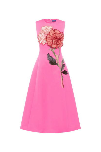 Cleo Appliqué Sleeveless Midi Dress in Peony Print in Fuchsia
