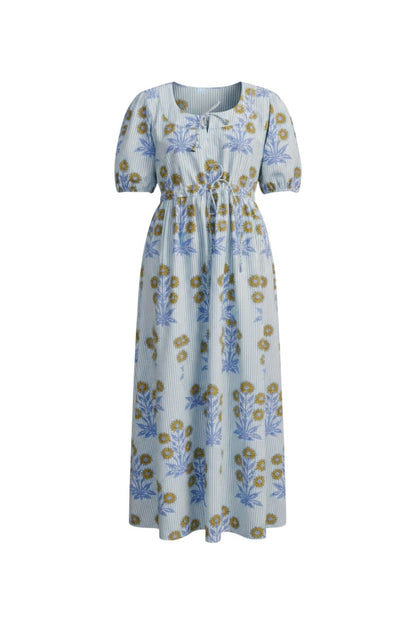 Laura Dress in Marigold on Thin Stripe
