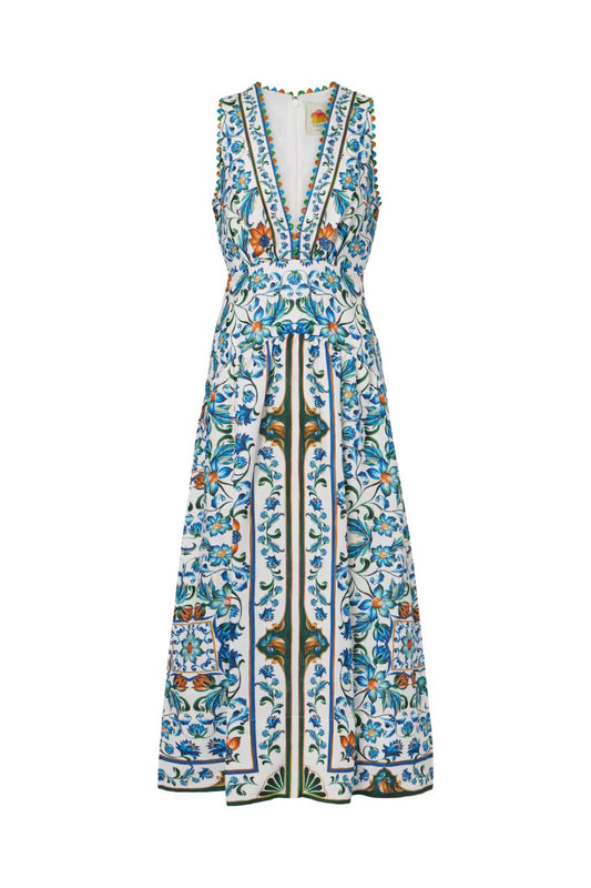 Flora Tile Midi Dress in Off-White