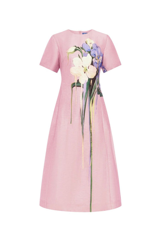 Caroline Midi Dress in Pastel Pink Bouquet Print