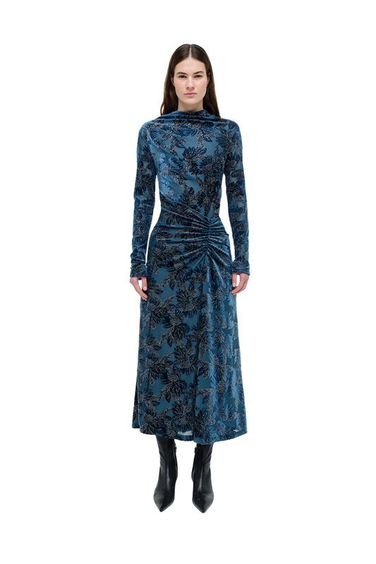 Ferrera Floral Velvet Midi Dress in Petrol