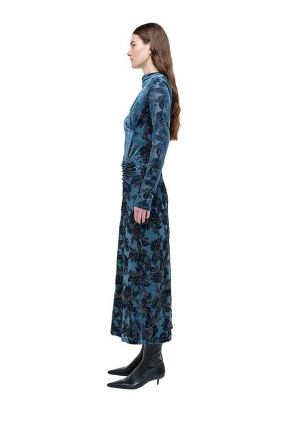 Ferrera Floral Velvet Midi Dress in Petrol