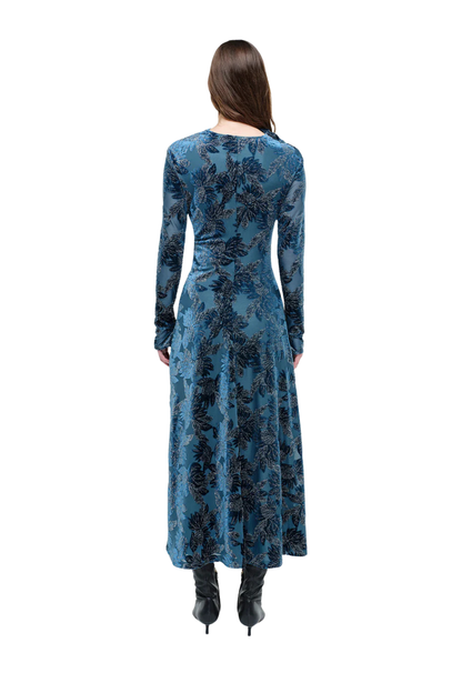 Ferrera Floral Velvet Midi Dress in Petrol