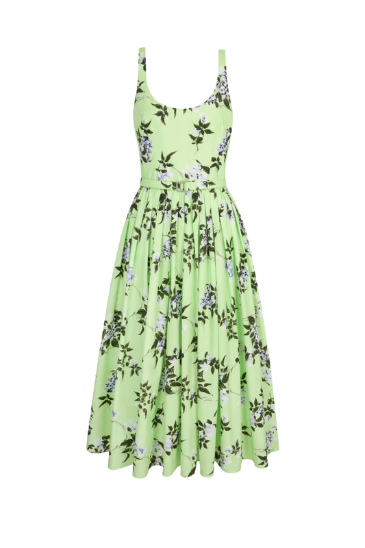 Eglantine Dress In Lilac Lillies & Cherry print on Green Organic Cotton