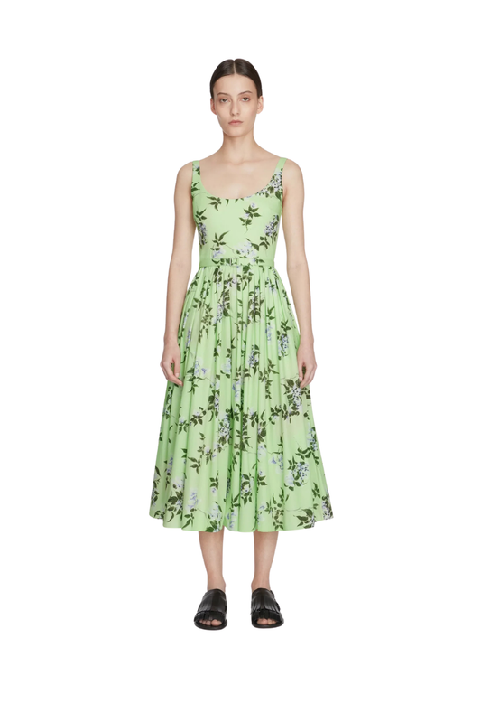 Eglantine Dress In Lilac Lillies & Cherry print on Green Organic Cotton