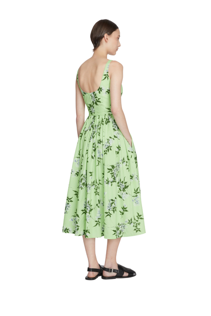Eglantine Dress In Lilac Lillies & Cherry Print on Green Organic Cotton