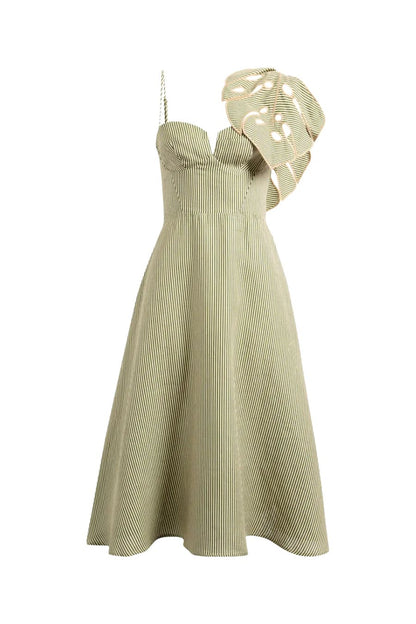 Green Striped 3D Monstera Leaf Linen Midi Dress