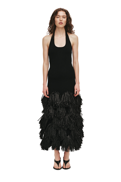 Elva Raffia Knit Midi Dress in Black
