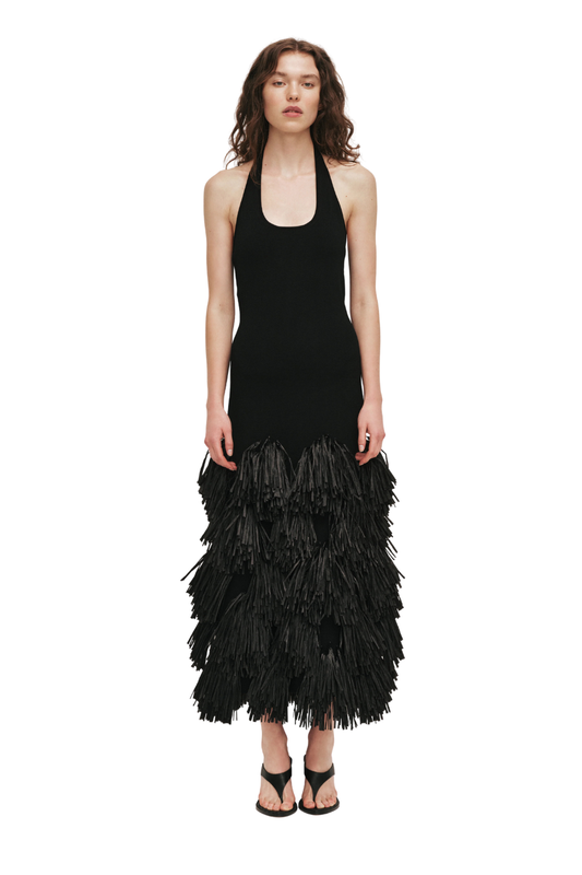 Elva Raffia Knit Midi Dress in Black