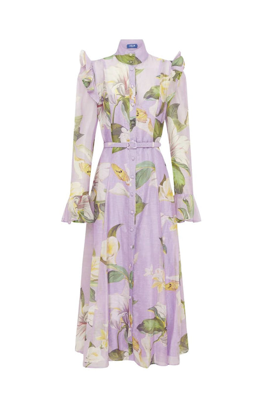 Katrina Butterfly Sleeve Midi Dress in Lily Blossom Print in Lilac