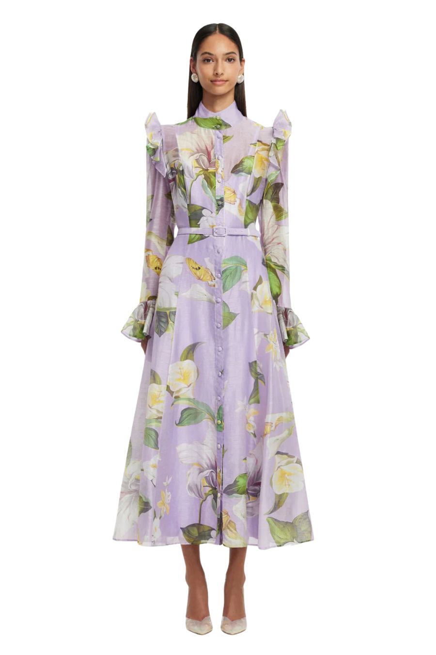 Katrina Butterfly Sleeve Midi Dress in Lily Blossom Print in Lilac