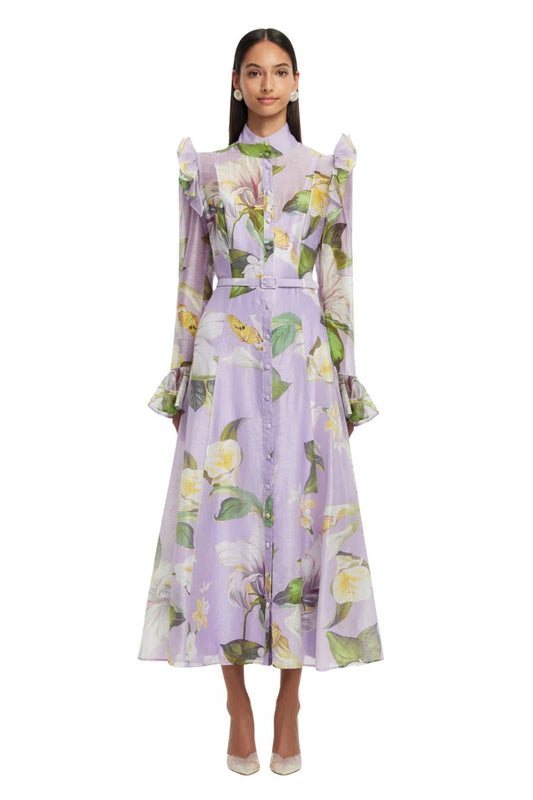 Katrina Butterfly Sleeve Midi Dress in Lily Blossom Print in Lilac