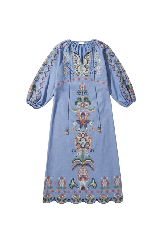 Garden Tapestry Embroidered Midi Dress in Blue