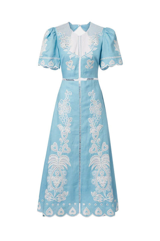 Embroidered Midi Dress in Light Blue