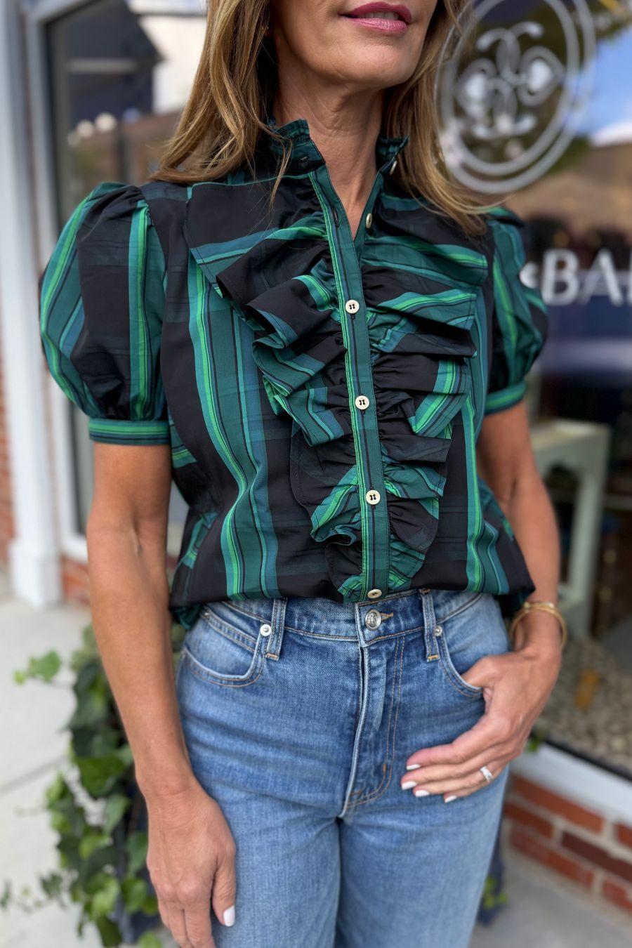 Bibiana Blouse in Ghost Tartan Green