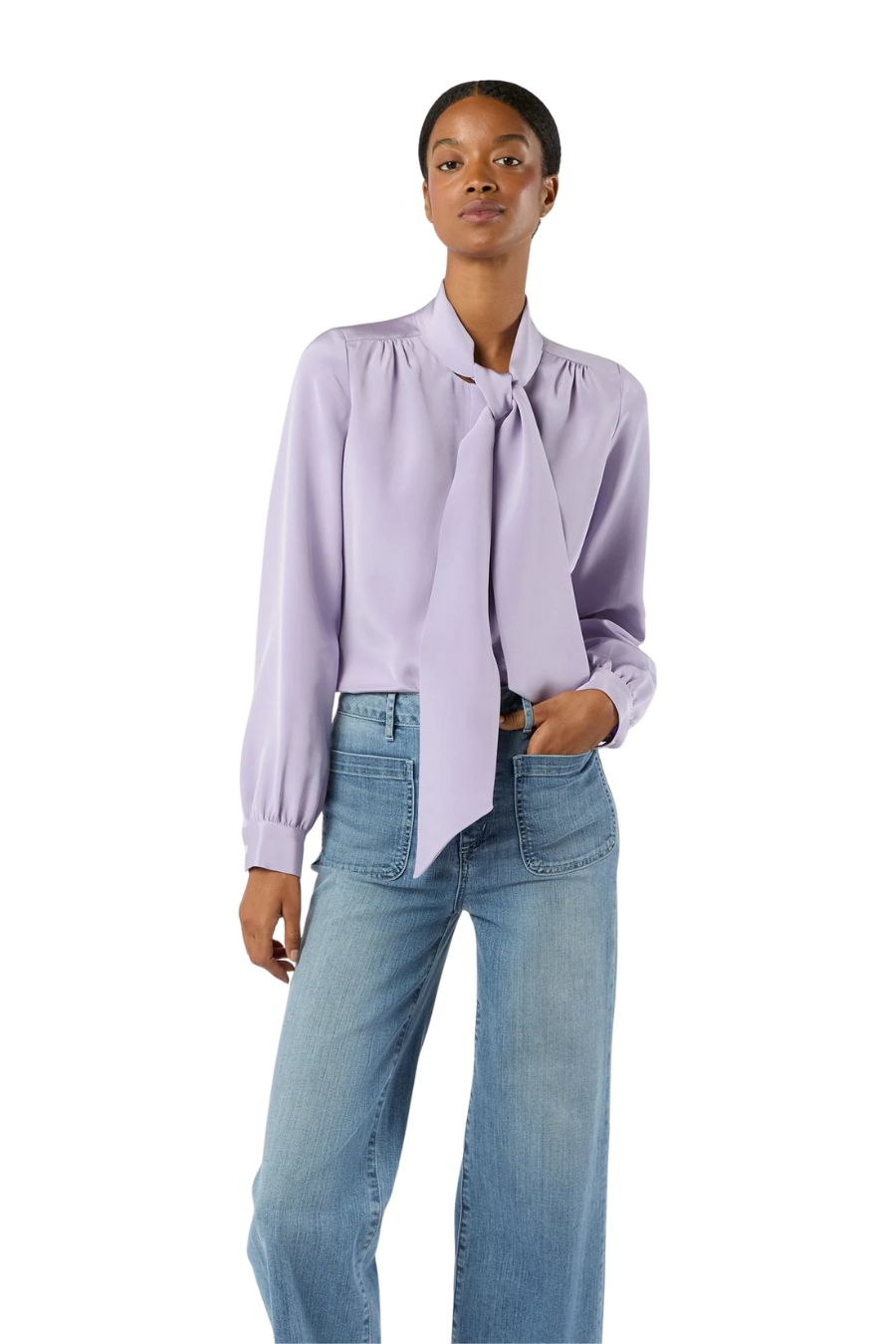 Tie-Neck Blouse in Lavender Silk Crepe de Chine