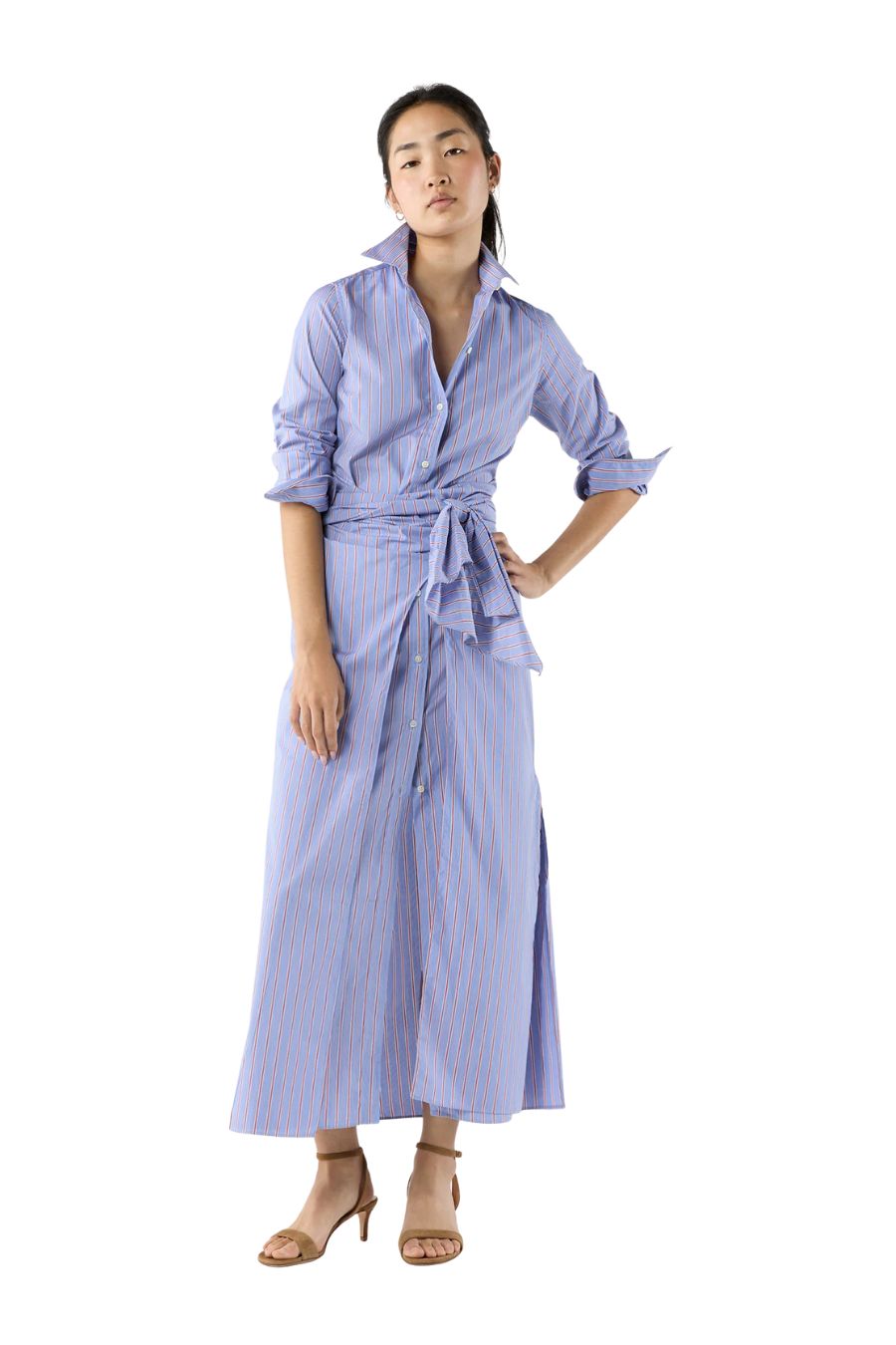 Maxi Tie-Waist Shirtdress in Blue/Red Multi Stripe Poplin